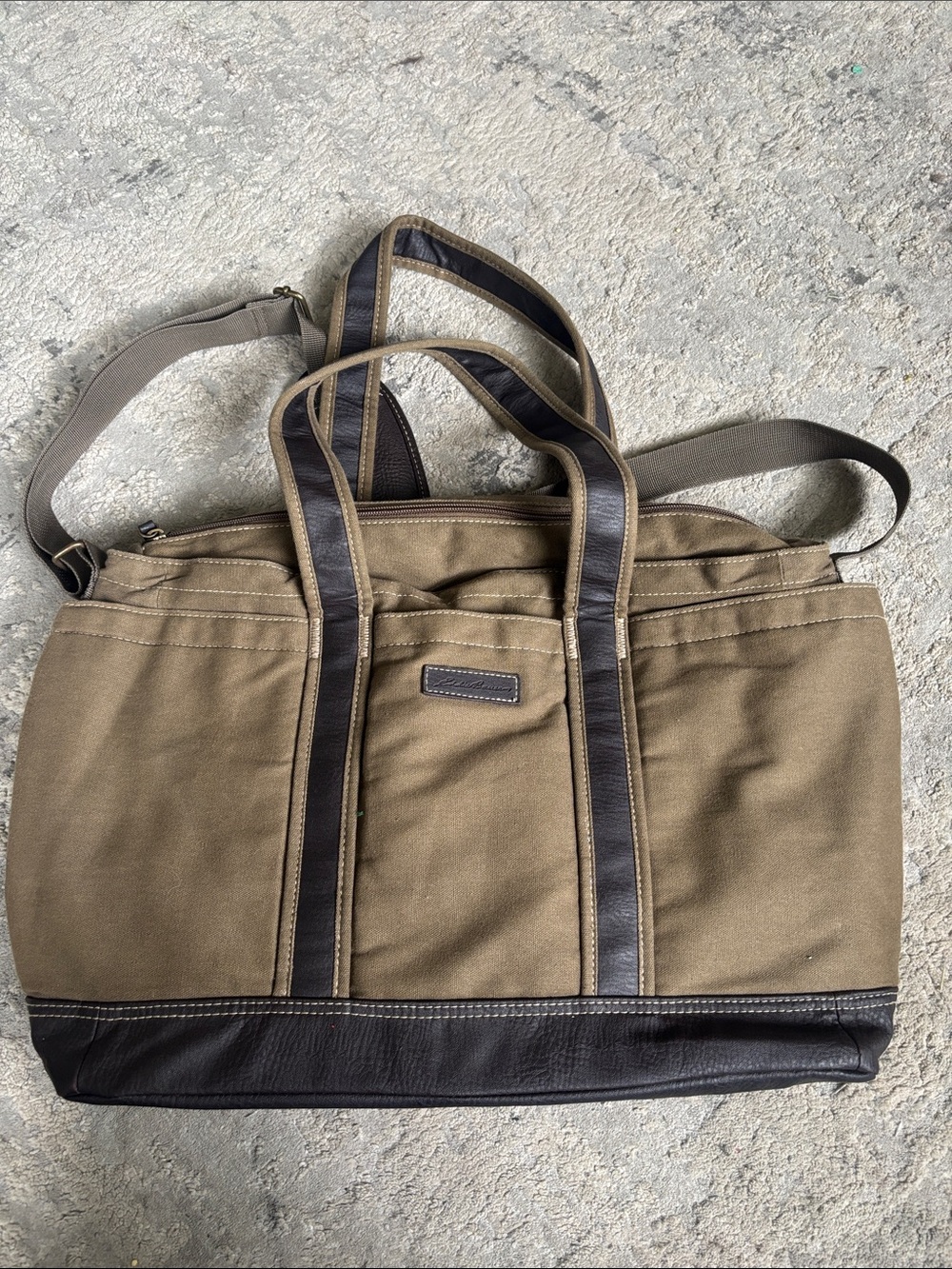 Eddie Bauer Olive Canvas Messenger Tote/ diaper bag with Dark Brown Trim